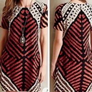 $1200 MSRP silk Black Mini Dress with Red Geometric Print